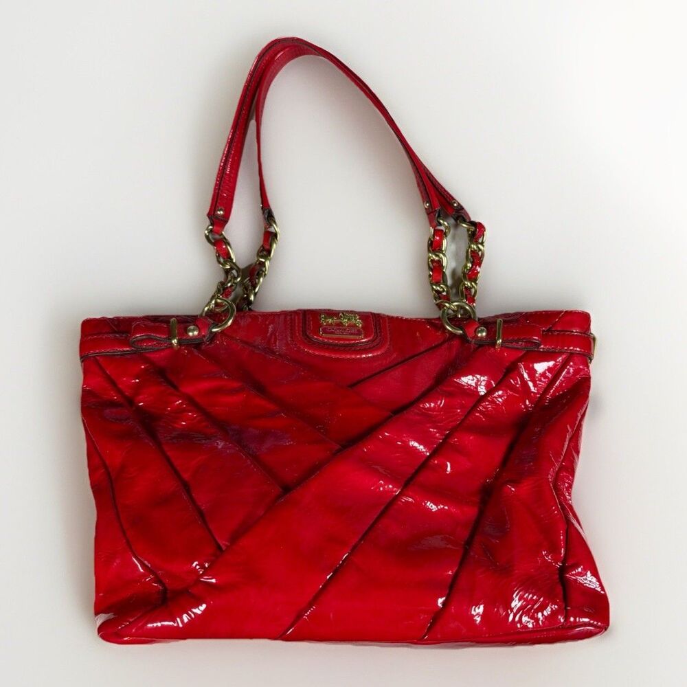 Coach Madison Patent Leather Tote Red Pink Pleated‎ Shoulder Bag
